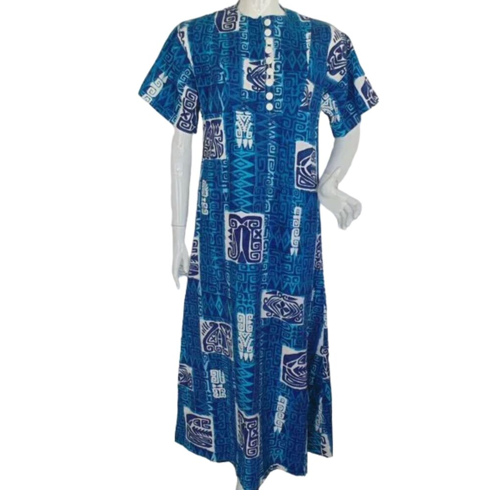 Vintage HAWAIIAN Maxi Dress, M, Tiki, Short sleeve, Zip neckline, Blue, Handmade